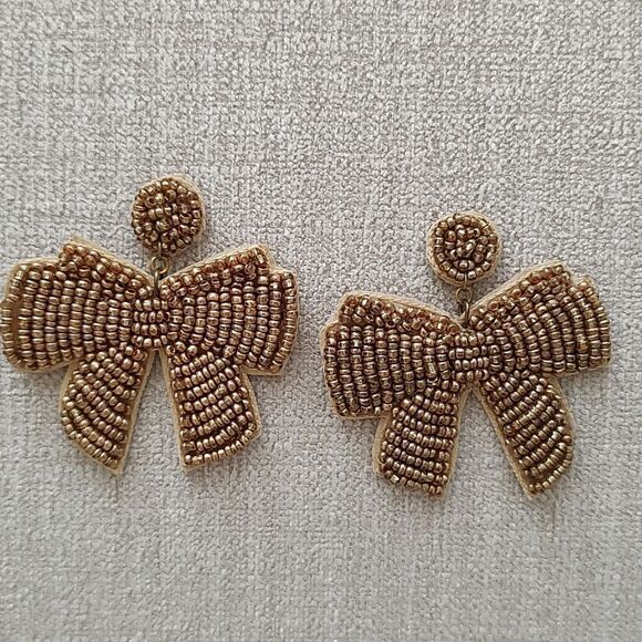 Gold Beaded Bow Pierced Drop Earrings - Picture 8 of 8